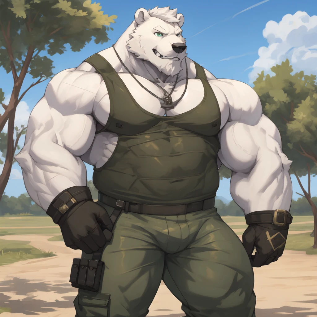 solo, 1boy, Huge Muscular White Polar Bear, huge white fur, pectoral, huge pectoral, wide pectoral, short white hair, green army tank top, green military pants, black wristbands and army boots, bearded, white Mustache, white fur, tooth necklace, military training ground background, masterpiece, high detailed, 8k, high resolution, at the training academy, pull-ups 