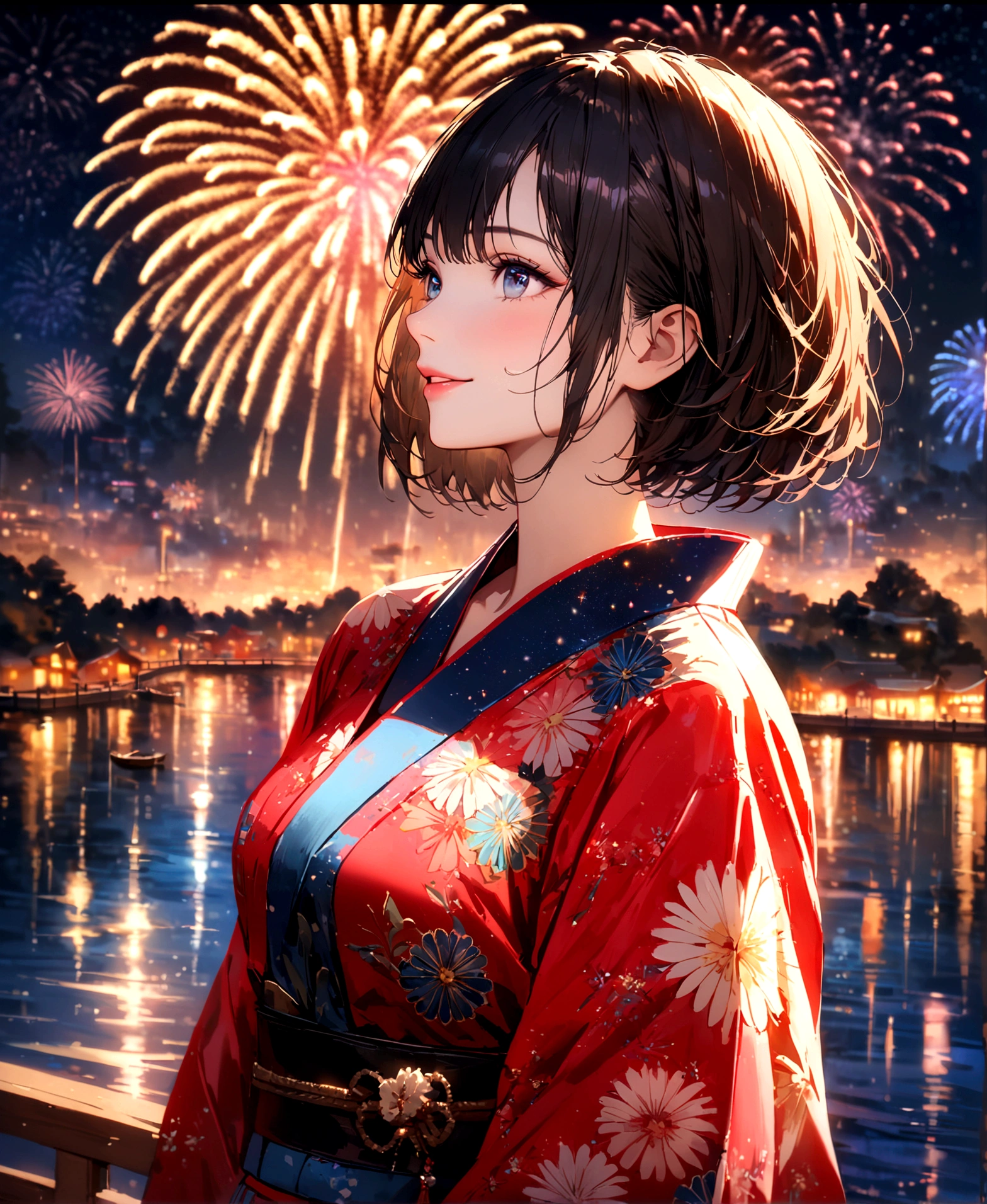 Fireworks display, Starry Night, River side, Blur the background,Pleasant sea breeze,high school girl,yukata,short hair,smile,Glitter effect,Highest quality, 4K, 8K, High resolution, masterpiece:1.2, Very detailed, Realistic:1.37, High resolution, 超High resolution, Ultra-fine painting, Very detailed, Professional, Vibrant colors