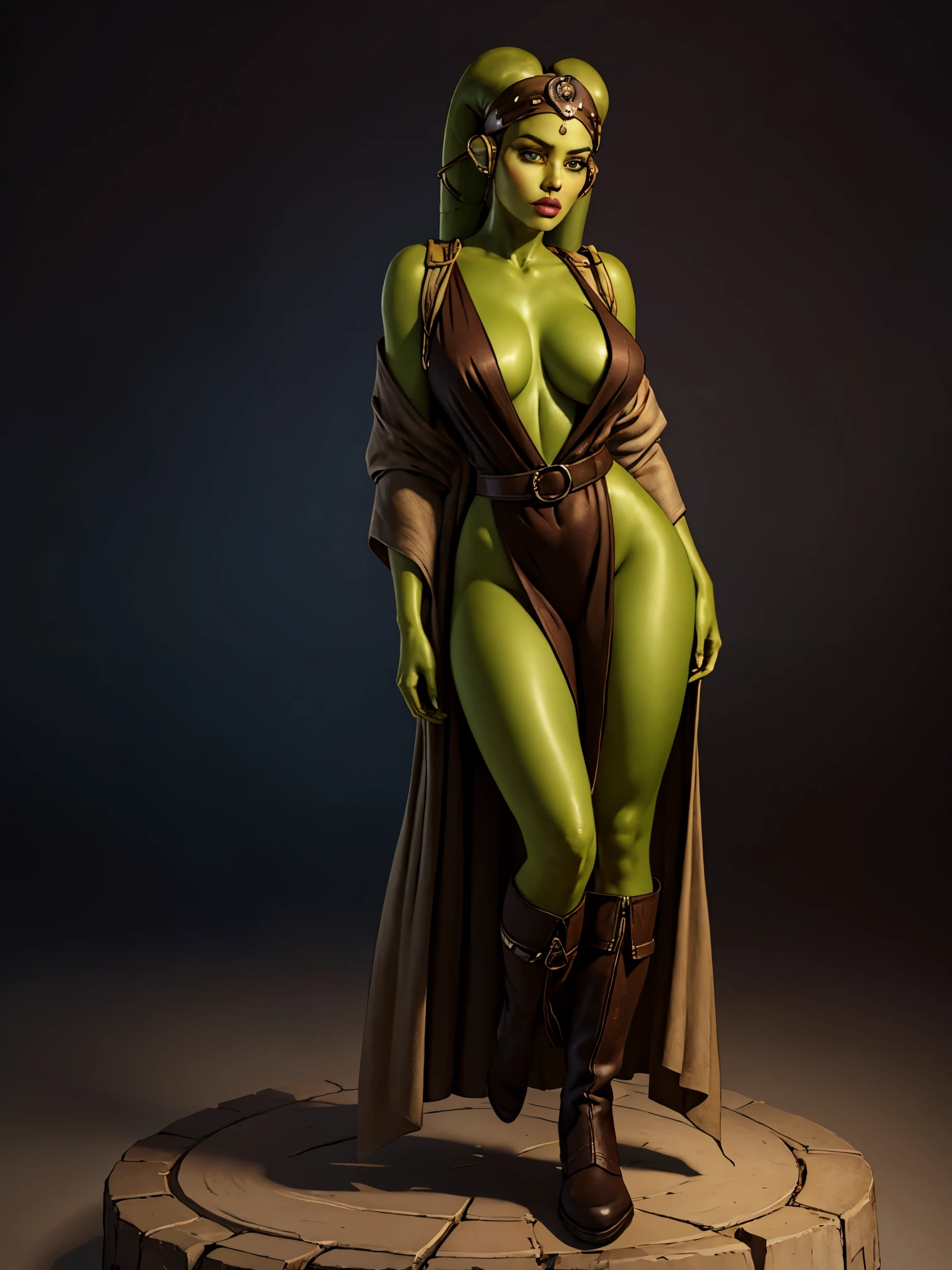 (best quality, ultra quality, cinematic still, work of masters, masterpiece, ultra detailed), 1girl, (((green skin))), sexy Twi'lek, (((super detailed beautiful face)), feminine body language, 25 years old, timid expression, (big saggy breasts), titsonastick, supermodel thin body, narrow hips, narrow thighs, dressed in modest style, wearing dark brown full body robes, with a beige tunic, loose trousers, long boots, brown cloth, buckles, straps, Star Wars, lekku markings, bimbo lips, extreme detail, skindentations, most beautiful girl in the world, perfect proportions.