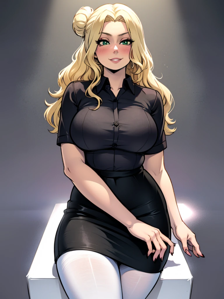 high_aesthetic,art by Lazorchef, ((Masterpiece, best quality, perfect lighting, amazing shading)), perfect anatomy, field of depth, extremely beautiful, blonde hair, long wavy hair, bun, green eyes, black pencil skirt, dress shirt, pantyhose, cute smile, (curvy), blushing, (cowboy shot), (cute pose), simple background