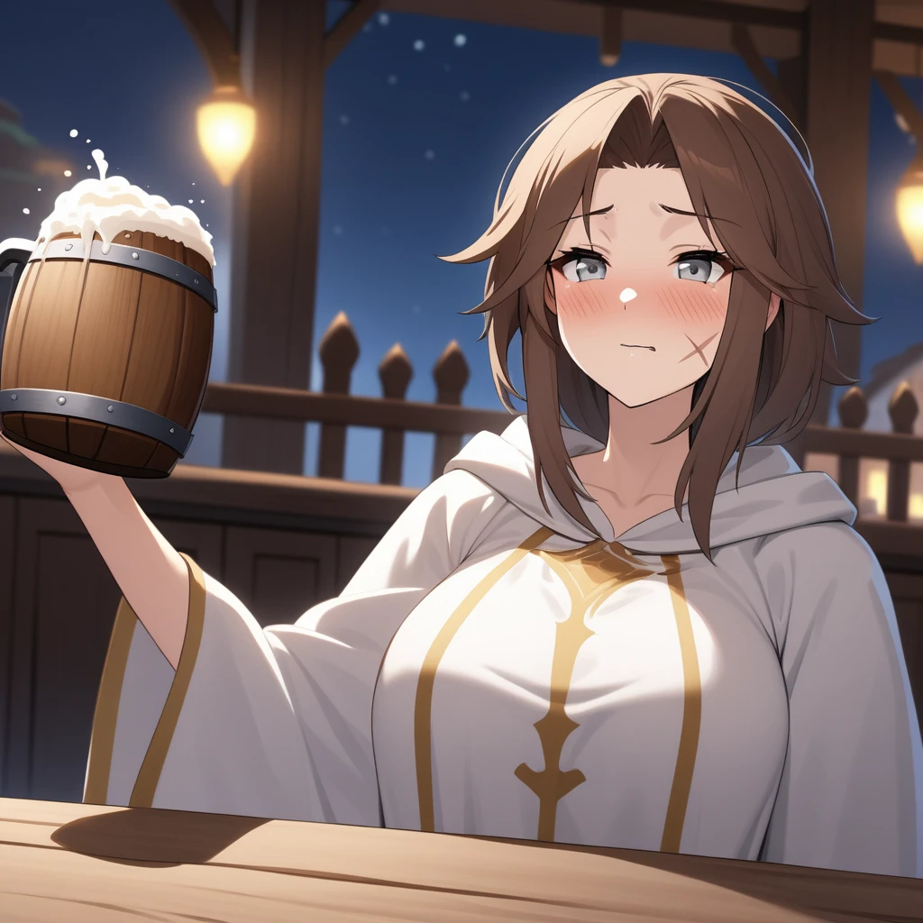 Adult Female, very short brown hair, grey eyes, scar on left cheek, drunk, white on white cleric robes, fantasy tavern, nighttime, mixed patrons, drinking from tankard, not looking, far away, supressed emotions, apathetic, highly detailed, high quality, perfect anatomy, tired face,