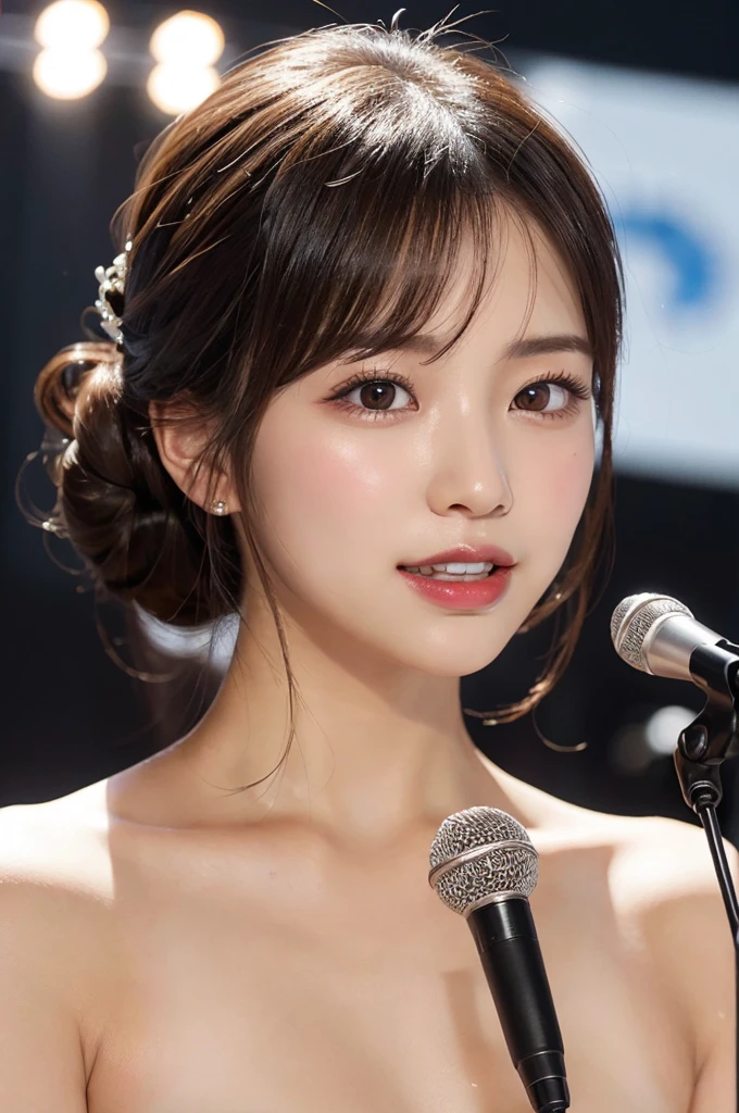 (masterpiece:1.3), high resolution, ultra detailed, extremely detailed CG unity 8k wallpaper, realistic, photo-realistic, RAW photo, beautiful detailed face, pale skin, realistic glistening skin, detailed cloth texture, detailed hair texture, Perfect body, Beautiful Face, accurate, Anatomically correct, Highly detailed face and skin texture, natural neck length, (beautiful hands), (fair skin:1.1), (well-aligned teeth:1.1), (Sweaty skin:1.2),
BREAK,
Detailed eyes, symmetric eyes, Light Brown eyes, Double eyelids, Thin eyebrows, (Glossy lips:1.4), ((A face with waiting for a kiss:1.2)), (blush:1.1), (A sparkling small hair accessory:1.1), (beautiful smile:1.1), (having microphone:1.3),
BREAK,
(A classy and Cute idol:1.3), (nude, nsfw, nipple:1.4),
BREAK,
medium large breasts, slender figure, firm abs,
((half updo, black hair, bangs:1.2)), (cowboy shot:1.2), (looking at viewer), cowboy shot, From above,
BREAK,
(singing on stage:1.3),