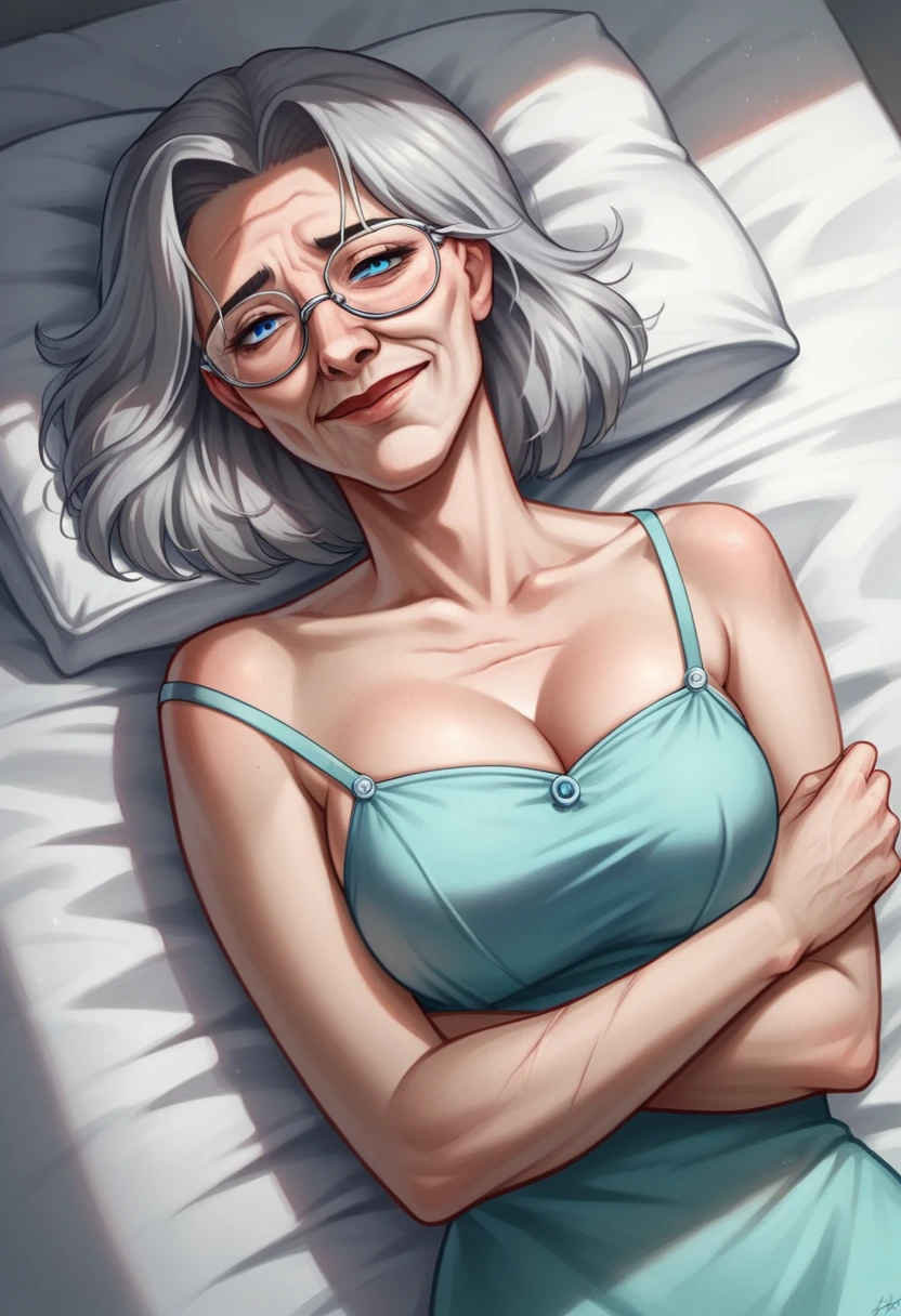 Illustration, detailed illustration, ultra-detailed, 68 year old woman, buzzed gray hair, blue eyes, glasses, wrinkles, laying in hospital bed, dying, sick, sad smile, hospital gown