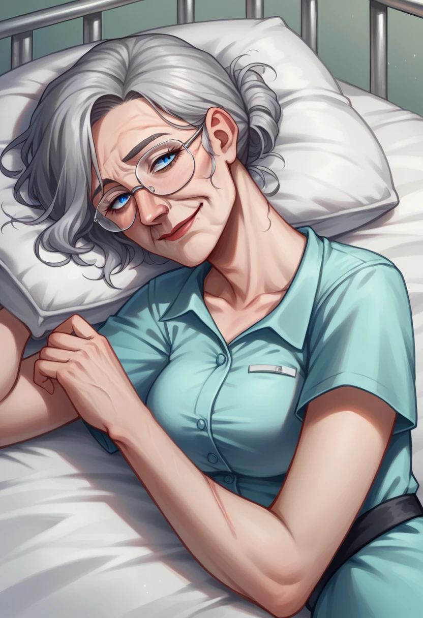 Illustration, detailed illustration, ultra-detailed, 68 year old woman, buzzed gray hair, blue eyes, glasses, wrinkles, laying in hospital bed, dying, sick, sad smile, hospital gown