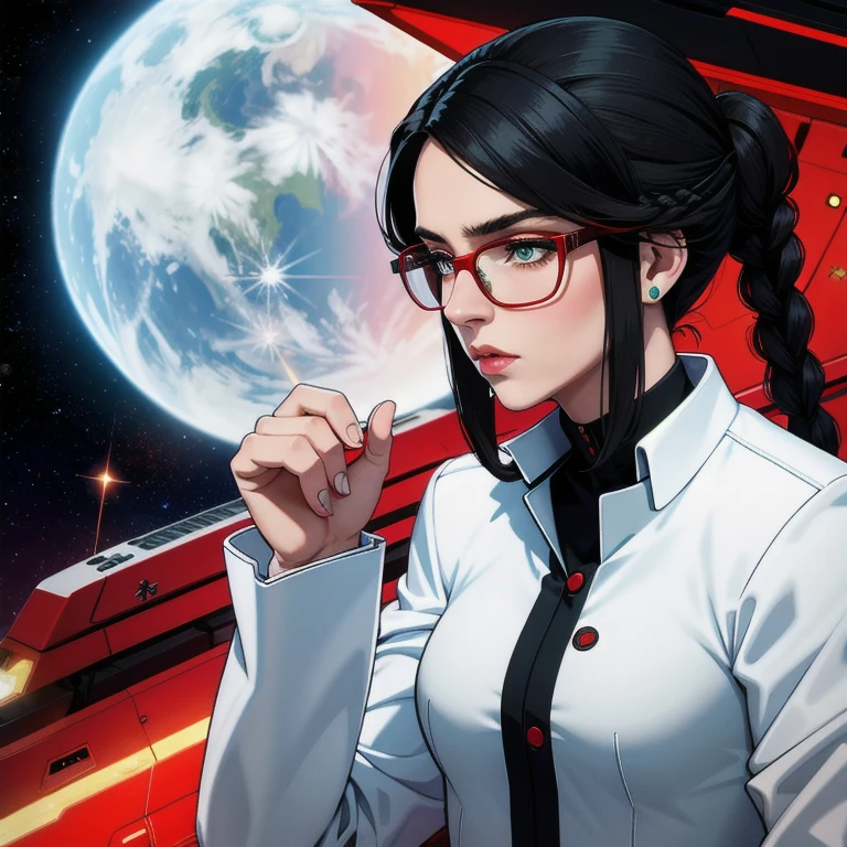 High definition,Woman,small size,Bblack hair,double braid hairstyle,bang,greeneyes,red glasses,in formal dress,'s uniform,White coat,dark expression,karoship,aircraft carrier ship, futurist, Science fiction, karoplane, space, karo