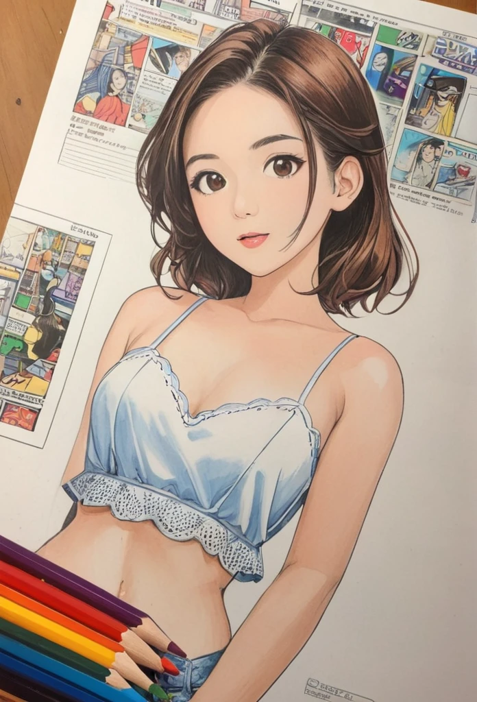 female,short camisole,white,Art,ad,colour pencil drawing,draft drawing ,comic collage,illustration