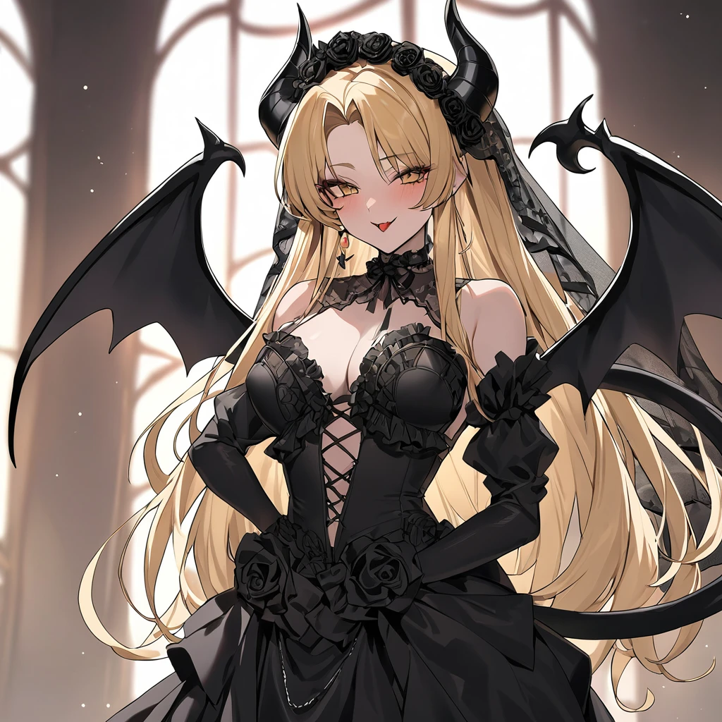 The woman is a dark-skinned devil, an evil dark devil、((Highest quality)), ((masterpiece)), (detailed), (Perfect Face)、((An evil, jet-black demon with jet-black skin.))、The woman was a beautiful, jet-black archdemon with jet-black skin, the evil queen of the demon world, Devil Queen Tiare, with green eyes, blonde medium-long hair, a gorgeous black wedding dress with gold embroidery and trim, a black wedding veil, an engagement ring, and luxurious accessories, and was a beautiful, elegant archdemon, the Demon Queen, lavishly decorated and jeweled.、A beautiful, jet-black-skinned demon with magnificent devil horns, devil wings, and a devil tail.
