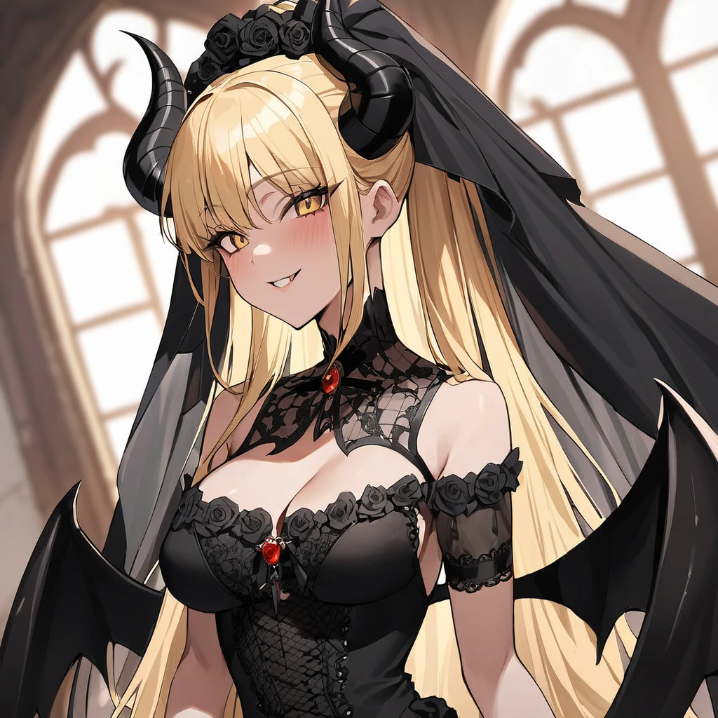 ((Highest quality)), ((masterpiece)), (detailed), (Perfect Face)、Woman is Sailor Moon女は漆黒の肌のセクシーな女悪魔のセーラームーン、The woman is a jet-black female demon with magnificent devil horns, jet-black devil wings, and a jet-black tail. Her skin is jet-black, she is wearing a gorgeous black Gothic Victorian wedding dress and a black wedding veil, and she is looking at the camera with a happy expression on her face as she holds a wedding ceremony. She is a jet-black demon, Sailor Moon, and has blonde hair.2A devil in body and soul, with long hair tied up in a knot. A devil in love with a maiden's expression.、Woman is Sailor Moon
