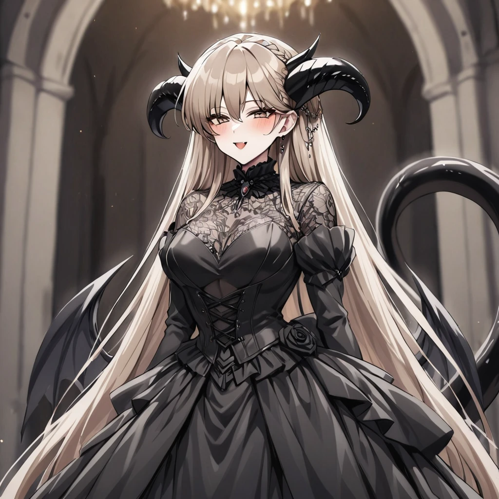 ((Highest quality)), ((masterpiece)), (detailed), (Perfect Face)、The woman is a sexy, dark-skinned demon.、The woman is a jet-black female demon with magnificent devil horns, jet-black devil wings and a jet-black tail, her skin is jet-black, she is wearing a luxurious black gothic Victorian wedding dress and a black wedding veil, she is embracing the dignified and powerful Great Demon King, her whole body being loved by the Demon King, she is looking into the camera with a happy expression and is approaching for a kiss, she is the jet-black demon Princess Leona at her wedding, she has medium-long light brown hair, she is a demon in both body and mind, and she has the expression of a maiden in love.、The man is a dignified and powerful demon king, embracing the woman and looking into the camera as they hold their wedding ceremony, loving and adoring each other.