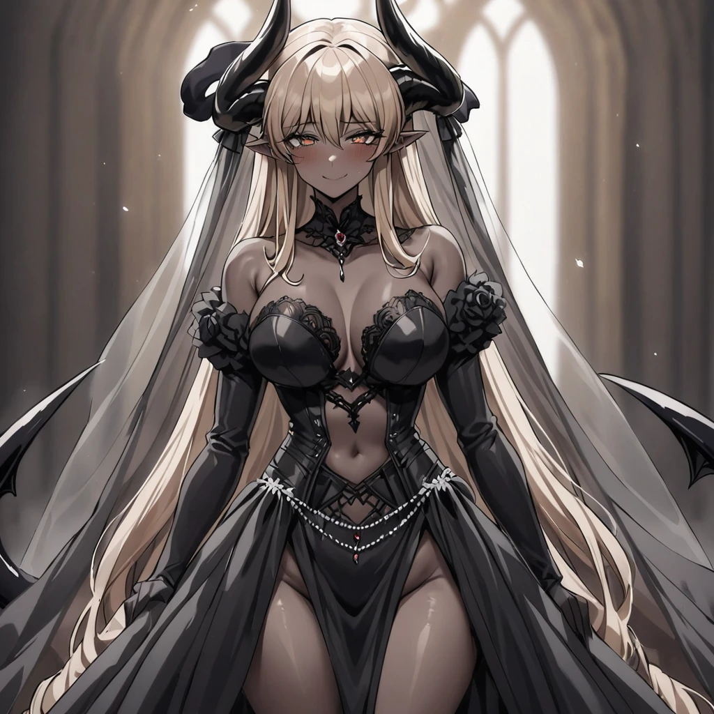 ((Highest quality)), ((masterpiece)), (detailed), （Perfect Face）、The woman is a , dark-skinned demon.、The woman is a jet-black female demon with magnificent devil horns, jet-black devil wings and a jet-black tail, her skin is jet-black, she is wearing a luxurious black gothic Victorian wedding dress and a black wedding veil, she is embracing the dignified and powerful Great Demon King, her whole body being loved by the Demon King, she is looking into the camera with a happy expression and is approaching for a kiss, she is the jet-black demon Princess Leona at her wedding, she has medium-long light brown hair, she is a demon in both body and mind, and she has the expression of a maiden in love.、The man is a dignified and powerful demon king, embracing the woman and looking into the camera as they hold their wedding ceremony, loving and adoring each other.