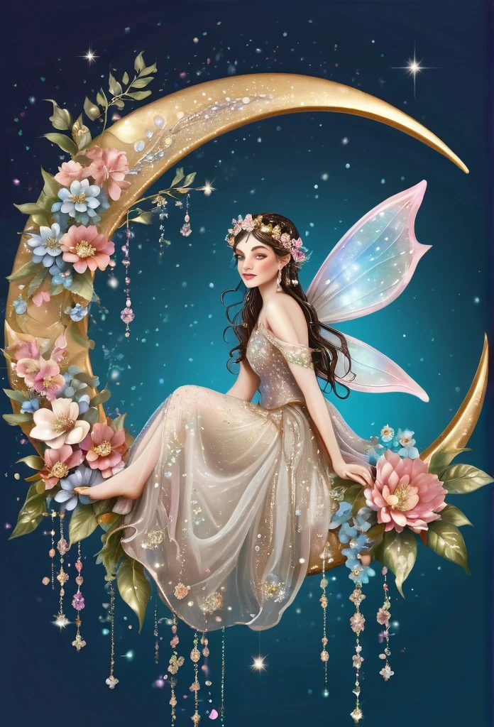 Fairy gracefully sitting on a half moon, decorated with sparkling flowers and gems, magic background, refined details 