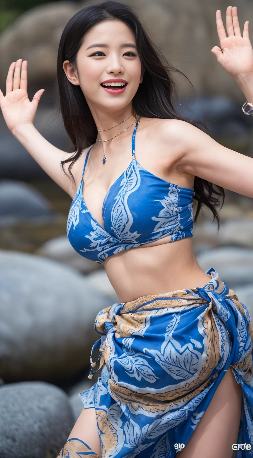 ((Top quality, 8k, Masterpiece: 1.3)), beauty, hidden face, (1 girl 18 years old), beauty: 1.3, slender abs: 1.1, ((long black hair)) necklace. (Sarong Bikini. on the rocks. River flow.  sexy ass. wrapped in a batik sarong. , ultra-detailed face, highly detailed lips, detailed eyes, double eyelids,  Peach lipstick, Open mouth and laugh out loud,(((Waving and dancing))),Bend at the waist, Big breasts, big butt, thick thighs,Show me your armpits