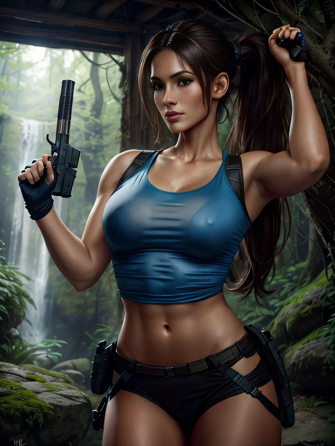 Beautiful young woman,Laura Croft,long brown hair in a ponytail,beautiful detailed eyes,beautiful detailed lips,extremely detailed eyes and face,longeyelashes,big bouncing breasts,blue t-shirt and black thong,white sox,black gloves,hiking boots,thigh gun holsters,(best quality,4k,8k,highres,masterpiece:1.2),ultra-detailed,(realistic,photorealistic,photo-realistic:1.37),HDR,UHD,studio lighting,ultra-fine painting,sharp focus,physically-based rendering,extreme detail description,professional,vivid Tomb Raider, Syfy, artists,beautiful young woman (Laura Croft),long brown hair in a ponytail (beautiful and detailed),big bouncing breasts, ((( exposed breasts 1.6))) ,blue t-shirt and black thong,white sox,black gloves,hiking boots,thigh gun holsters,sharp focus,ultra-detailed,portraits,physically-based rendering,vivid colors. Full body