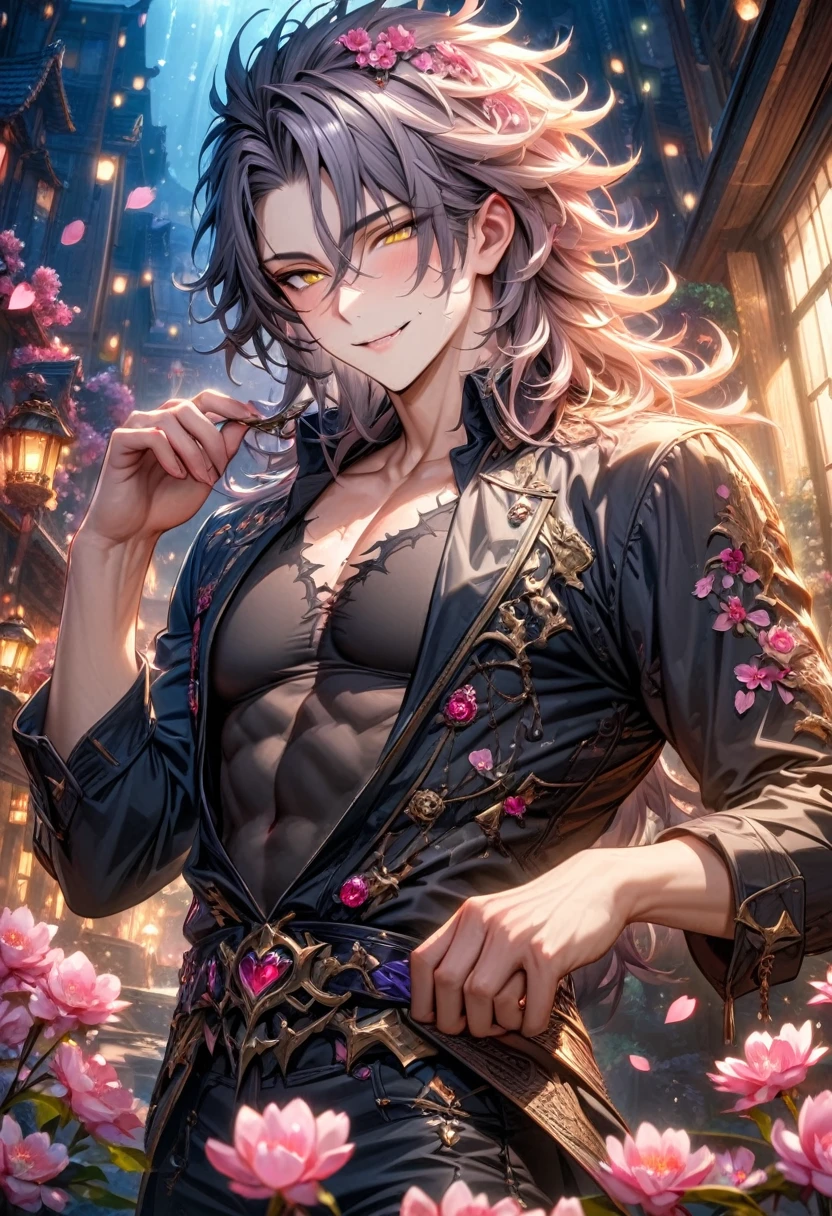 Ultra detailed, highres, absurdres, HDR, master piece, Yuden, black messy hair, expressive yellow eyes, Demon Fantasy, pink petals, pink flowers, black coat, sexy man, solo, best quality, blossoms, blue shining fireflies, handsome smile, golden trimmings, the word "Krozseria" is written on his shirt, fantasy, black tight shirt, demon