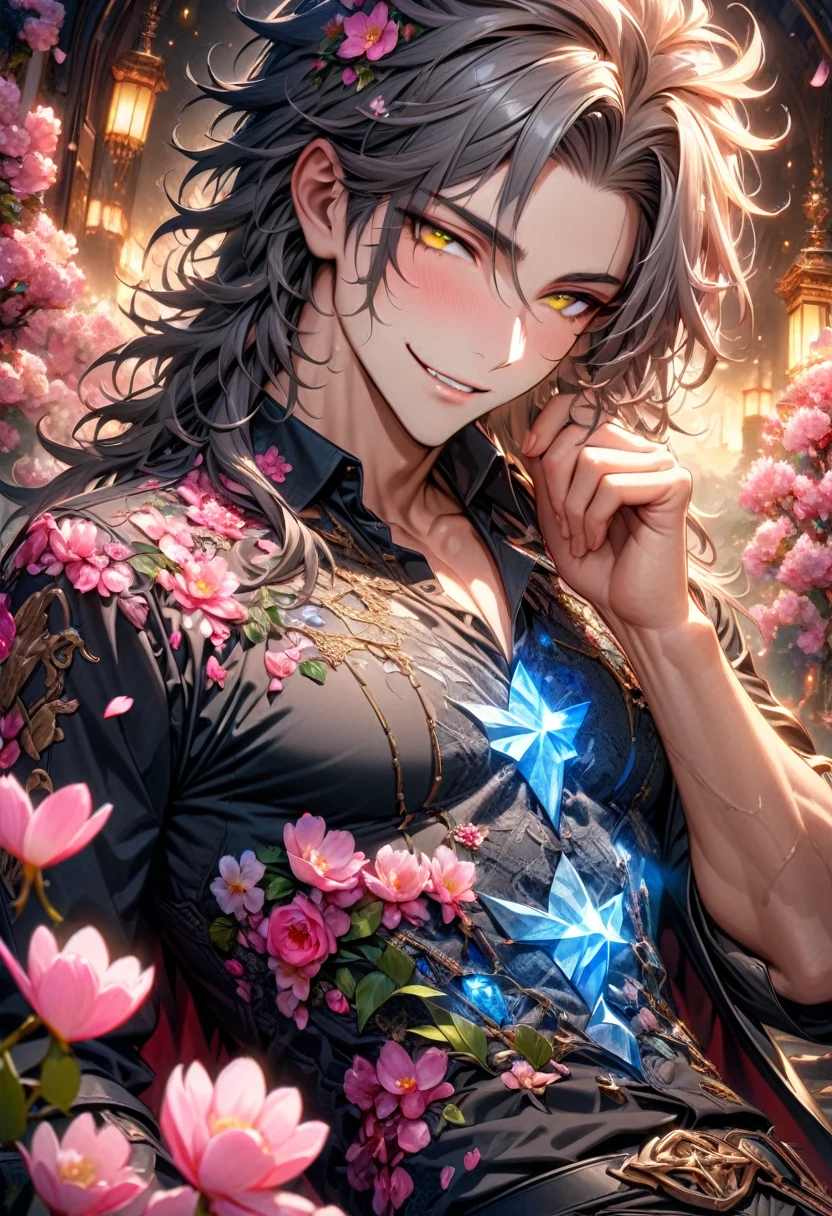 Ultra detailed, highres, absurdres, HDR, master piece, Yuden, black messy hair, expressive yellow eyes, Demon Fantasy, pink petals, pink flowers, black coat, sexy man, solo, best quality, blossoms, blue shining fireflies, handsome smile, golden trimmings, the word "Krozseria" is written on his shirt, fantasy, black tight shirt, demon