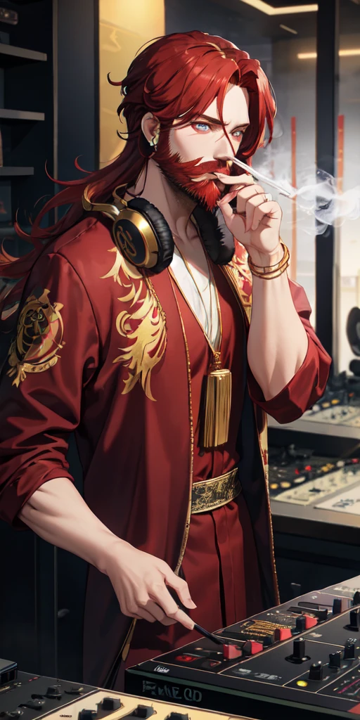 top-Quality、Red hair, golden eyes, beard, smoking, young man, headphones around his neck, Arabian clothes, DJ