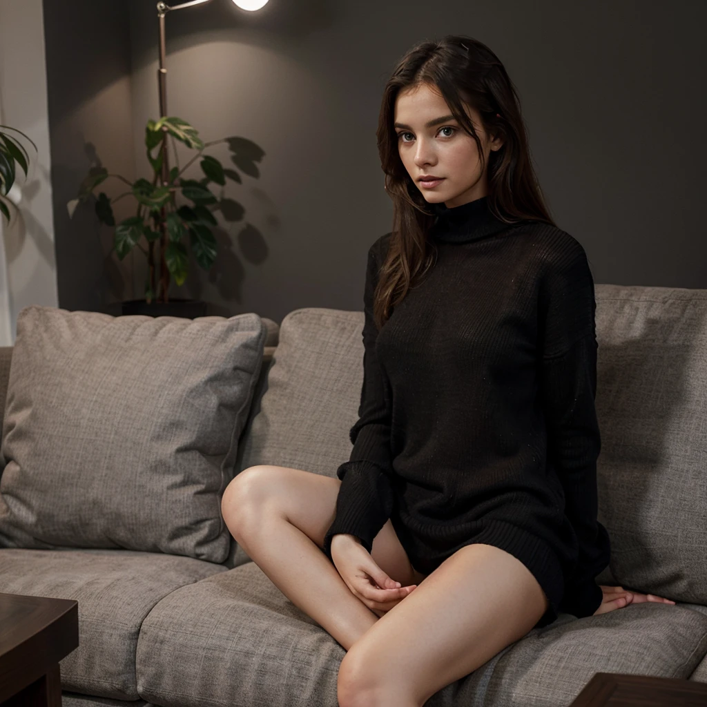 Female supermodel. Cute, adorable. Transparent black sweater. Sitting on a gray sofa. Sitting room. The lighting is dim and soft. moonlight night.
