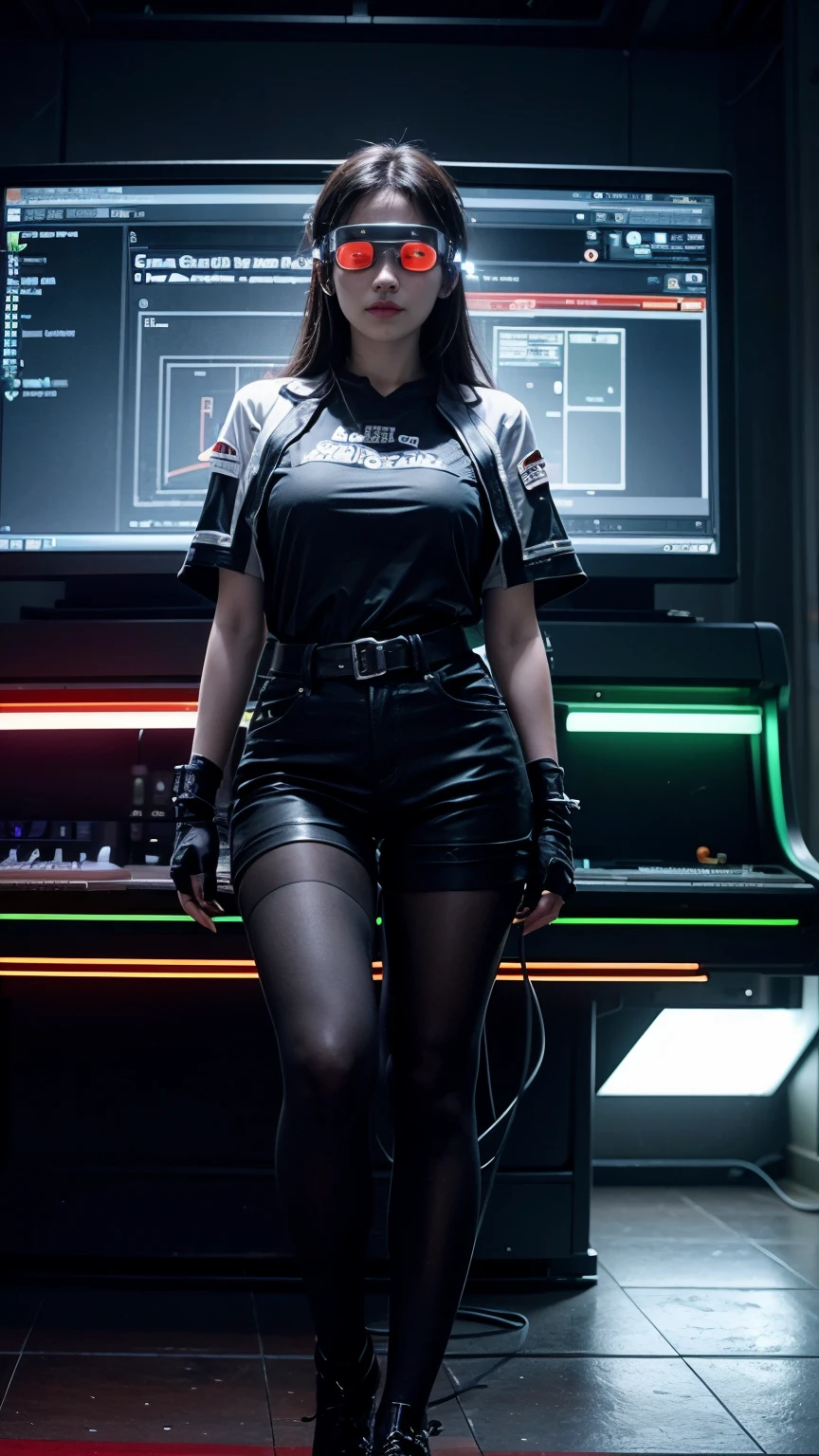 ((Best quality)), ((masterpiece)), (highly detailed:1.3), 3D,full body portrait,rfktr_technotrex, beautiful cyberpunk woman,(wearing head-mounted display that is chunky and hi-tech with neon lights:1.2),wearring a cape,computer hacking,computer terminals,soft glow from neon lights,micro-electronics,computer servers, LCD screens, fibre optic cables, corporate logos,vibrant colours,HDR (High Dynamic Range),Ray Tracing,NVIDIA RTX,Super-Resolution,Unreal 5,Subsurface scattering,PBR Texturing,Post-processing,Anisotropic Filtering,Depth-of-field,Maximum clarity and sharpness,Multi-layered textures,Albedo and Specular maps,Surface shading,Accurate simulation of light-material interaction,Perfect proportions,Octane Render,Two-tone lighting,Low ISO,White balance,Rule of thirds,Wide aperature,8K RAW,Efficient Sub-Pixel,sub-pixel convolution,luminescent particles,light scattering,Tyndall effect,big tits ,big tits ,big tits,full body,neon cokors ,muscle big ass