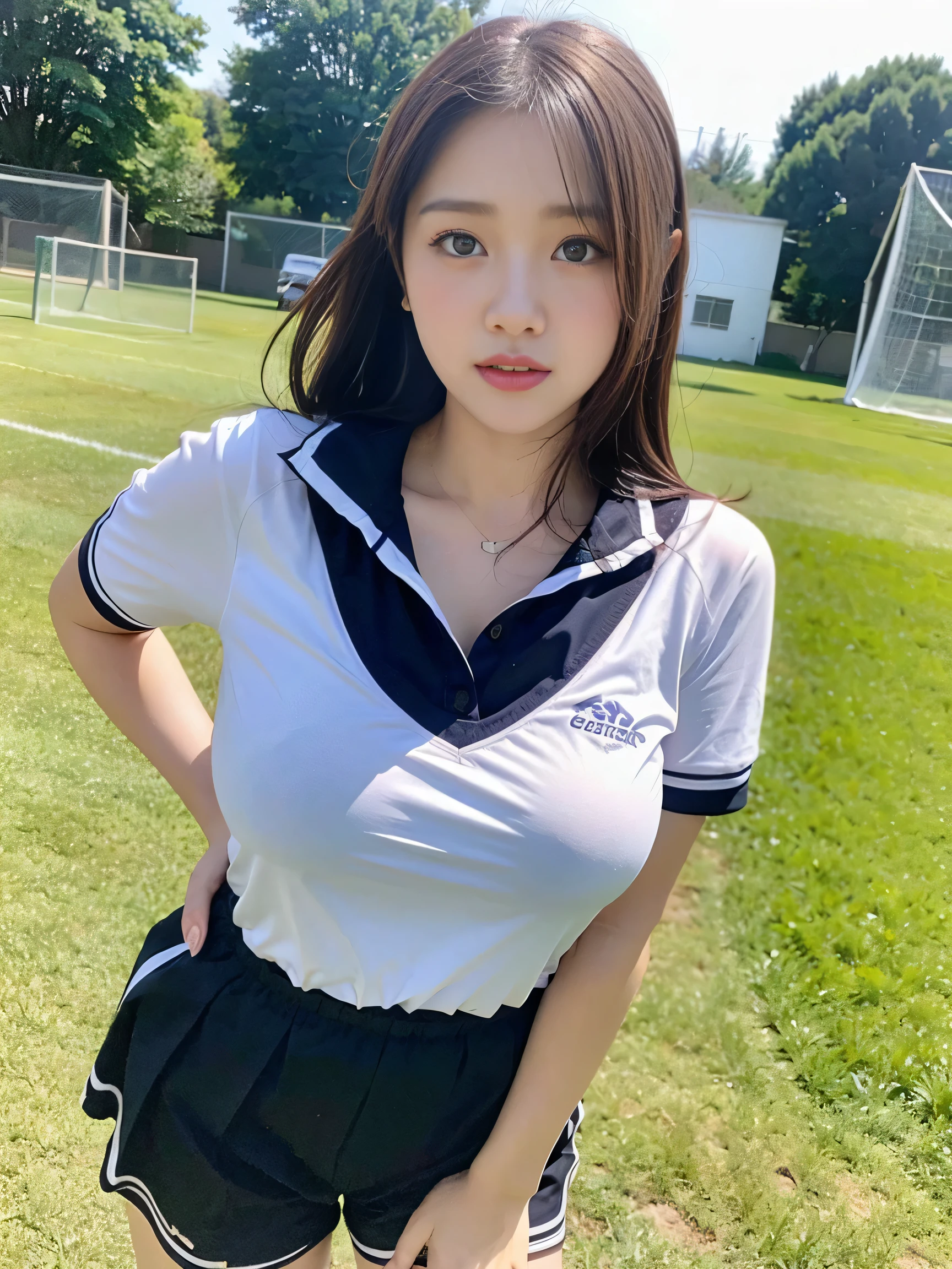 Top quality, 1 beautiful woman,(busty breats:1.2),wearing soccer uniform, 35mm lens, f/1,feeing good,cowboy shot