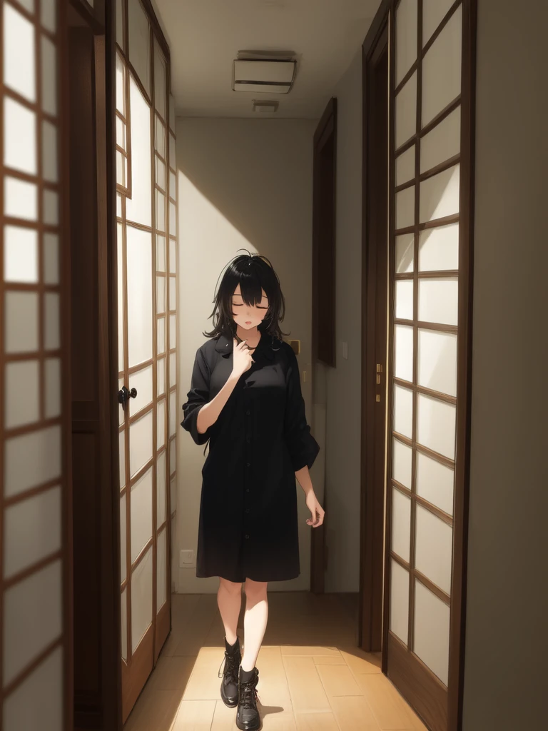 (masterpiece:1.2, best quality:1.1, highres,absurdres, high quality),(photorealistic:1.1),reflected light, colorful,ultra-detailed, ultra hd, super detailed,
yotsuya miko, open door, sleepwear, messy hair, black hair, yellow eyes,( open door):1.4, house, (sleepy), hallway, antenna hair, cowboy shot, 1girl, solo focus,