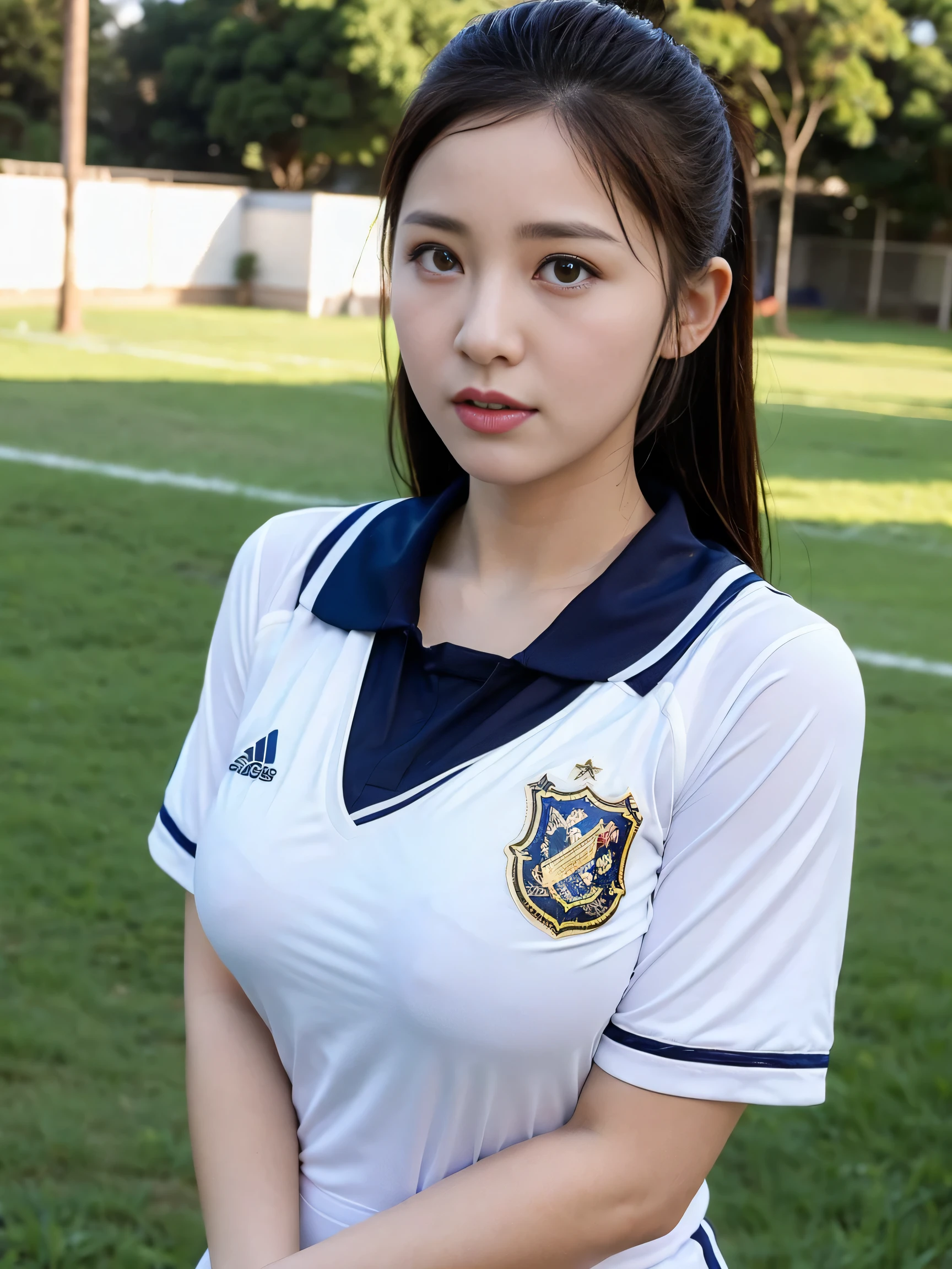 Top quality, 1 beautiful woman,(busty breats:1.2),wearing soccer uniform, 35mm lens, f/1,feeing good,cowboy shot