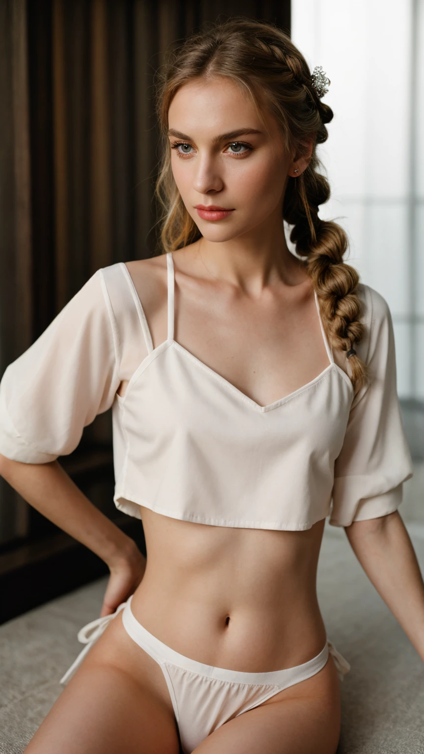 Photograph of a woman, (ambivalent facial expression), face looking at camera, full face, portrait, faces are visible more, and the eyes look straight, textured leather, goosebumps, ash blonde mermaid with braid, Perfect eyes, (ektachrome), Velvia 100 color, shot with Leica T, hips, sharp focus on the subject, shot by Peter Lindbergh, bright, fair