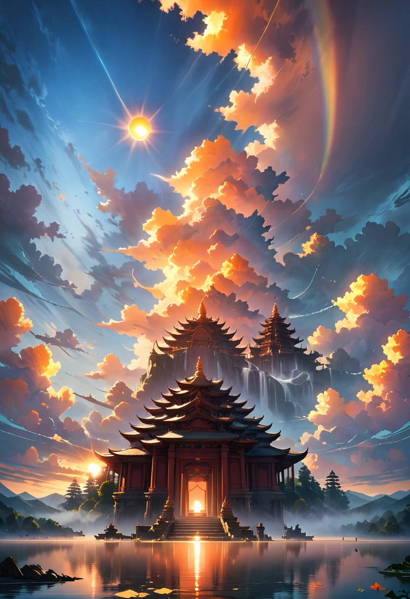 adventure, fantasy, magic, mythology, temple inside the lake, cloudy morning sunrise, strong sun rising in the sky, moody morning sunrise in the background, orange sky outside, cloudy morning sunrise, sky setting, masterpiece, best quality, very aesthetic, absurdres