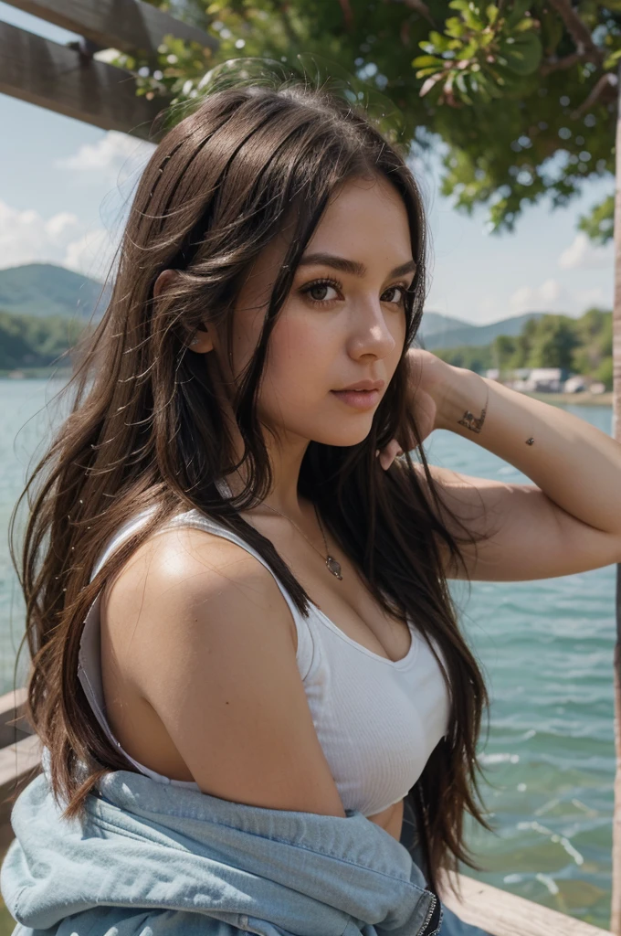1girl in, 30 years old, Square face, Long hair, Looking at viewer, jewelry, Reality, Sexy, student clothes , Lake backdrop , resting position