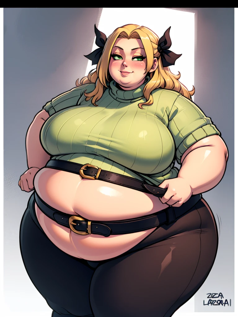 high_aesthetic,art by Lazorchef, ((Masterpiece, best quality, perfect lighting, amazing shading)), perfect anatomy, field of depth, extremely beautiful, long blonde hair, hair ribbons, green eyes, ribbed sweater, pantyhose, cute smile, ((immobile)), [belt], blushing, (cowboy shot), (elegant pose), simple background