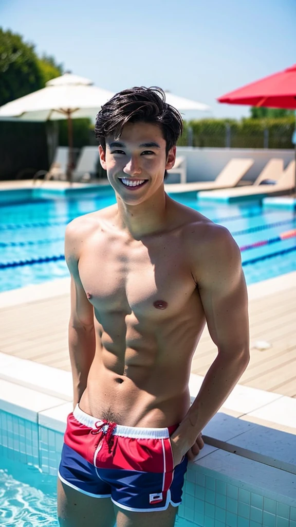 male Age 25 swimwear lifeguard topless smile handsome