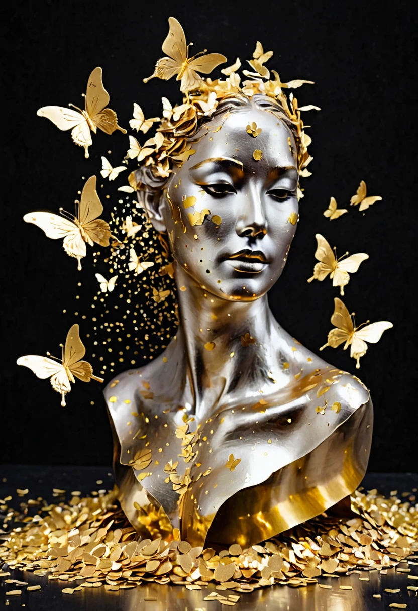 Gold Leaf Art：1.5.Made of platinum，gold mask，statue，Flowing golden sand beach，Still Life Table Setting，Dark background，Woman portrait sculpture，look up，Golden butterfly on cheek，Hollow butterfly wings，Gold Dust，Gold particles modern style, high resolution, artwork，Advanced composite technology，(((Golden confetti falling in the air，Gold foil confetti：1.5)))