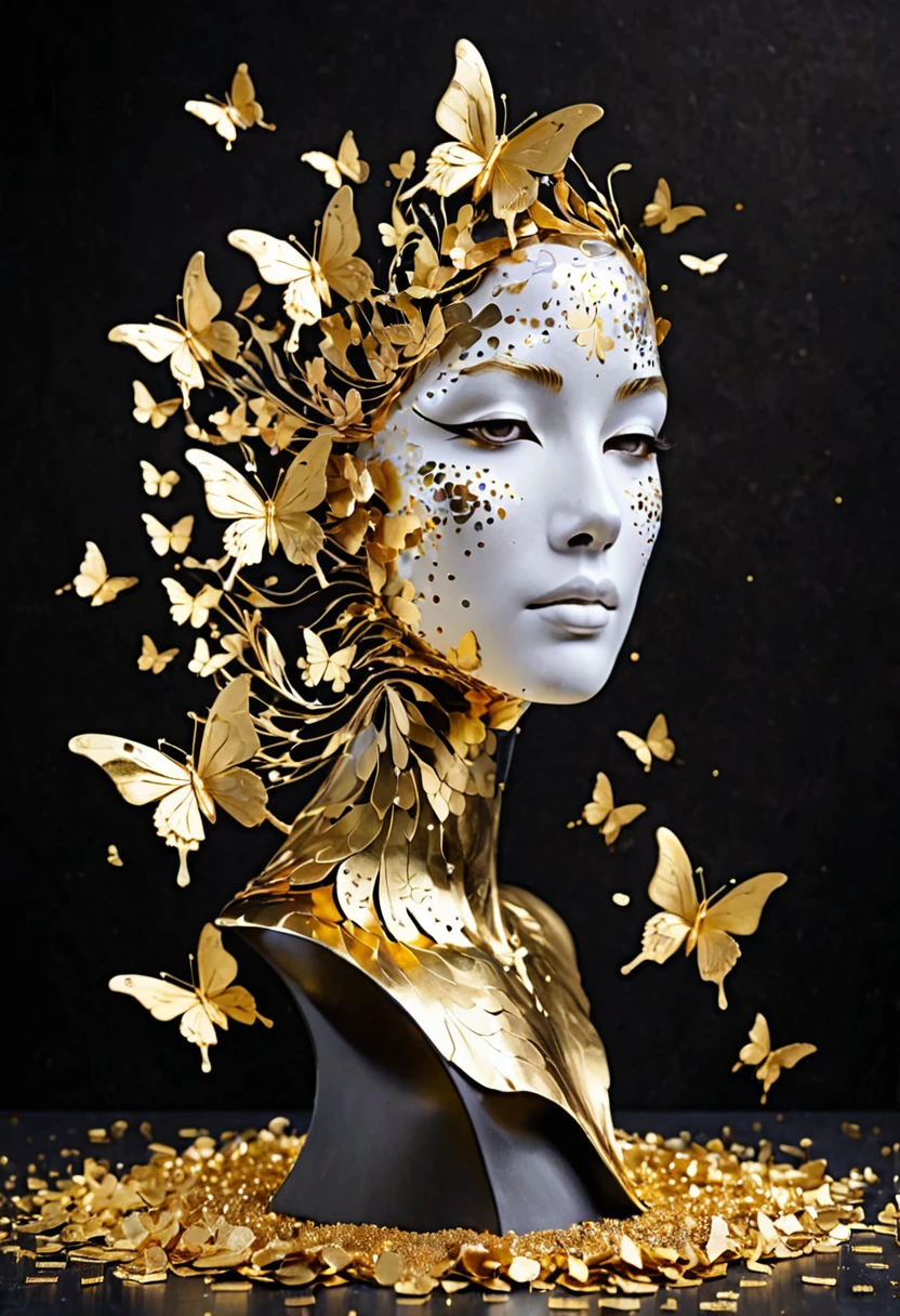 Gold Leaf Art：1.5.Made of platinum，gold mask，statue，Flowing golden sand beach，Still Life Table Setting，Dark background，Woman portrait sculpture，look up，Golden butterfly on cheek，Hollow butterfly wings，Gold Dust，Gold particles modern style, high resolution, artwork，Advanced composite technology，(((Golden confetti falling in the air，Gold foil confetti：1.5)))