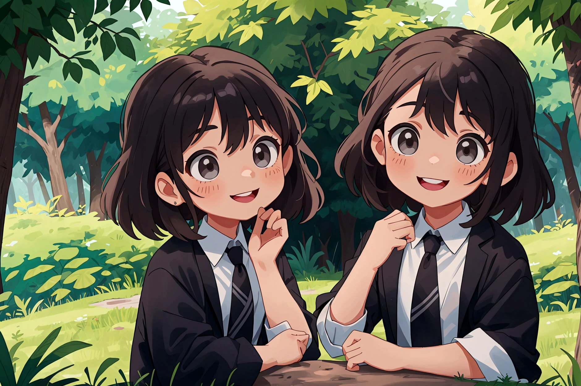 Two 10-year-old boys,Two 10-year-old girls,In nature,smile