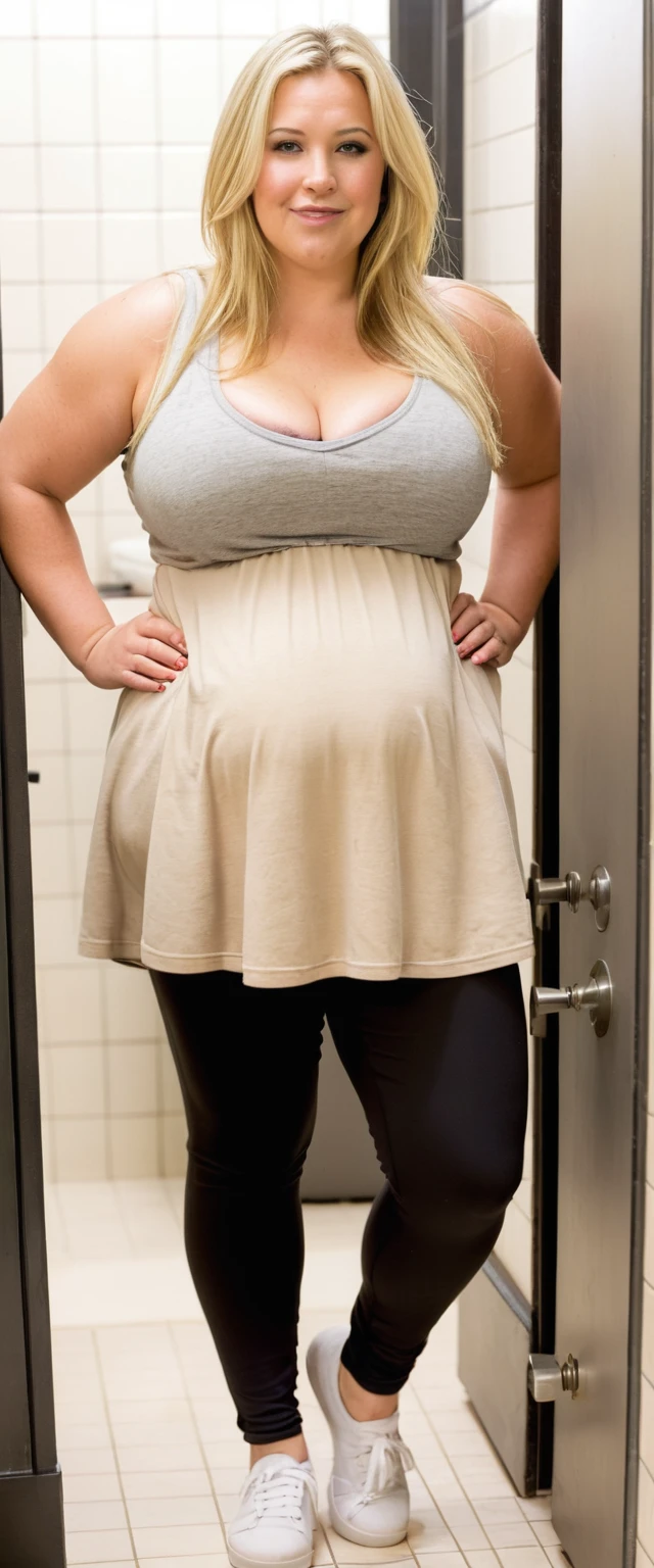 Cute chubby woman with two heads, age 30, blonde, pigtails, loose shirt and flowing skirt,