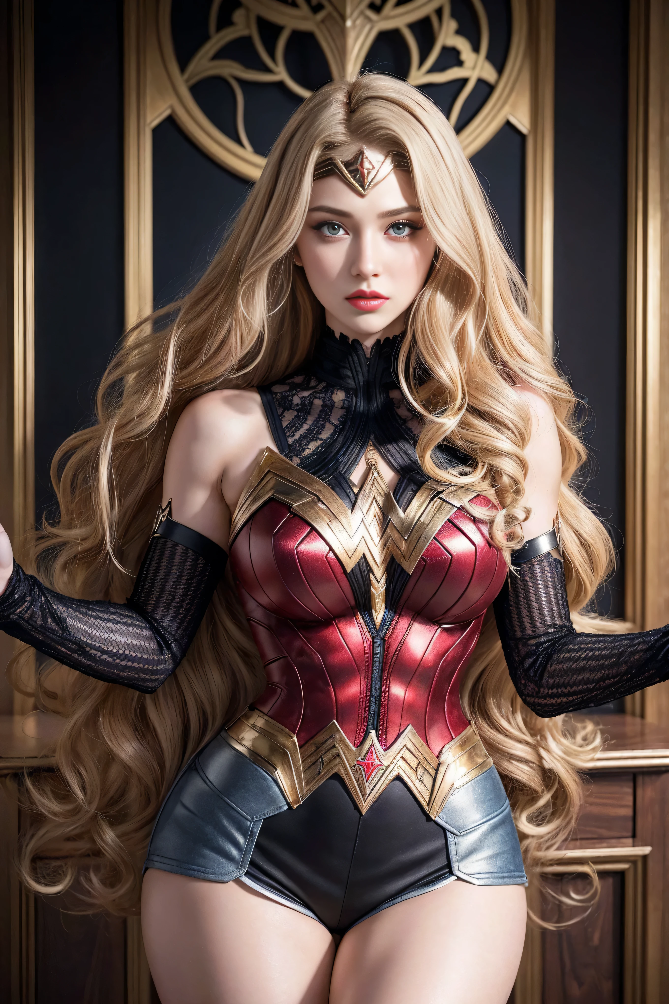 1 girl, ((())), (((Perfect body))), masterpiece, best quality, 8K, Extremely detailed skin texture, Extremely detailed fabric texture, Beautiful and delicate face, (((Extremely beautiful))), Intricate details, Extremely detailed, ((Wonder Woman-style Black Widow)), (((Curly Blonde))), Extremely beautiful blonde, (((Extremely detailed long hair))), big red hairtie, Ponytail, Dynamic poses, ((Clothes that show thighs)), (Extremely detailed legs), ((shorts)), ((skirt)), (((Wide hips))), (Extremely detailed thick thighs), Sexy, Seductive pose, (((Extreme hourglass figure))), Extremely detailed deep red lipstick, Extremely detailed lips, Extremely detailed blue eyes, Beautiful appearance, (Slanted eyes), Extremely detailed provocative mouth, Extremely beautiful seductive lips, blush, Professional Makeup, Eyeshadow.