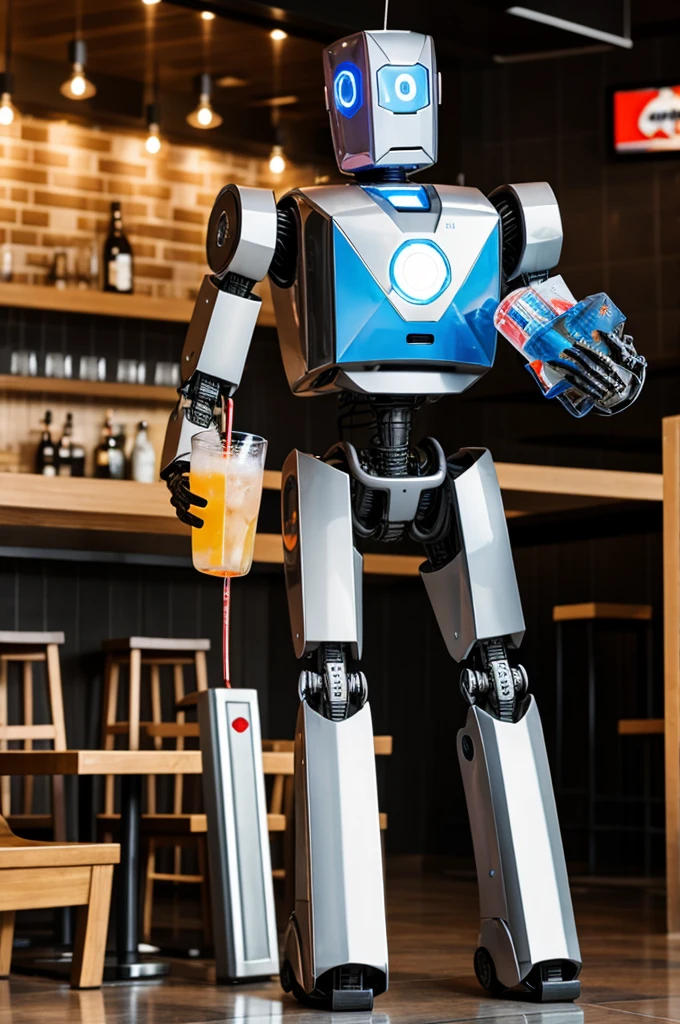 A robot delivering a refreshing drink, The robot is small and is alone in the restaurant