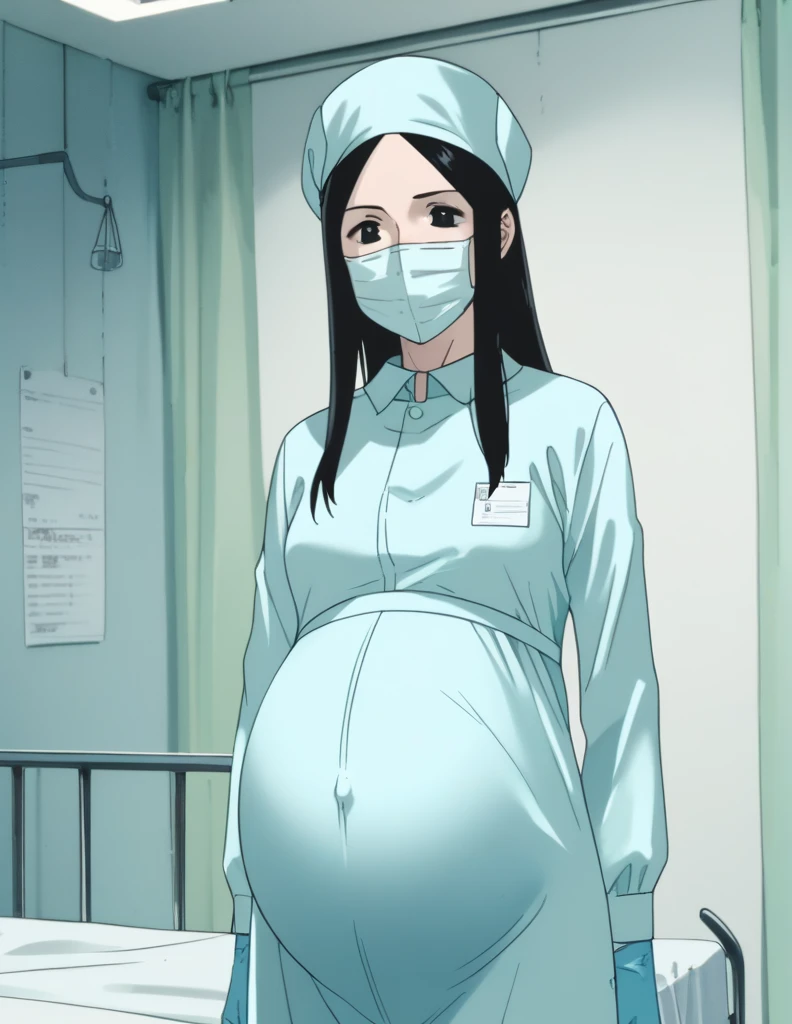 score_9,  score_8_up, score_7_up, source_anime, kasuganoray, pale skin, shy eyes, long hair, scrubs, surgical mask, surgical cap, long sleeve maternity gown,
1girl, pregnant, solo, rubber gloves, looking down, furrowed brow, hospital bed, standing