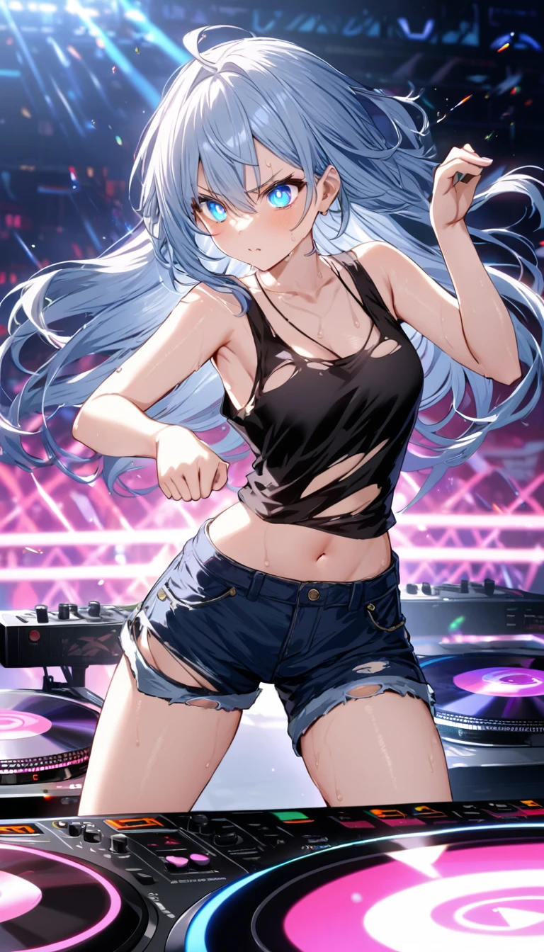 16K, High resolution, RTTX10.0, Ray Tracing, Natural light, Absurd, Top quality masterpiece, Perfect  and highly detailed face, fine grain, Beautiful Hair, so beautiful, Edgy, Nice, Evil Aura, the wind is strong, Glowing Eyes, dystopian city, Futuristic, Detailed Background, Awards, Neon Light, It was a hot topic on Art Station., , Sweat is splashing, (((Torn black tank top))), (((Torn blue shorts))), 自然A pose, Intense movement, color々A pose, (((dj))), Concentrated on the music