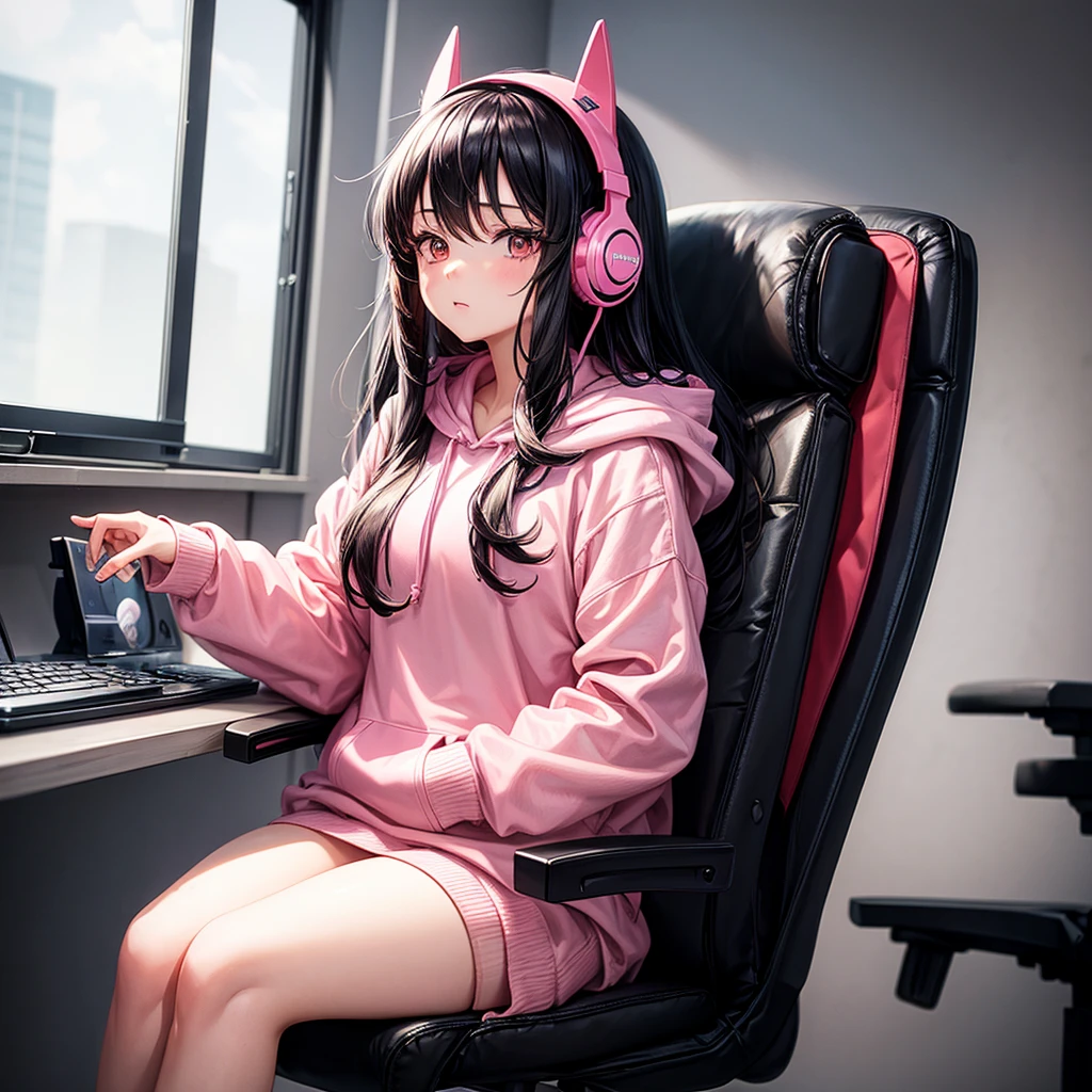 ((best quality)), ((masterpiece)), (detailed), Girl with long black hair ,Anime,pink hoodie, headphones on head, sitting on gaming chair, wearing a cap with letter (y) 