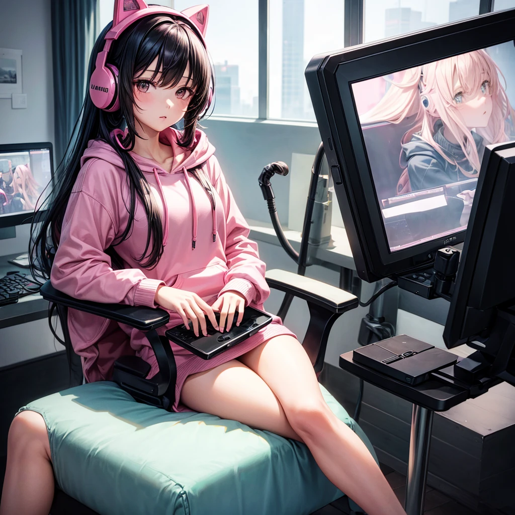 ((best quality)), ((masterpiece)), (detailed), Girl with long black hair ,Anime,pink hoodie, headphones on head, sitting on gaming chair