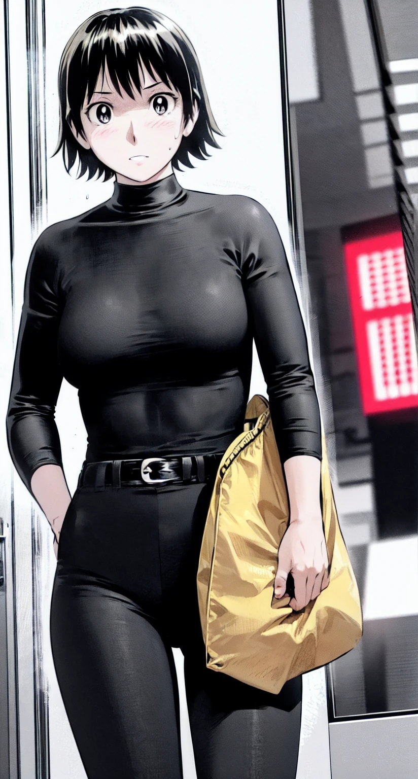 、(masterpiece、Highest quality)、Highest quality, Ultra-high resolution, (((masterpiece))), alone, Sweat、Big eyes,office、Tight white dress shirt、Tight black suit、Tight black pants、indoor、Composition from the front、(Cut the back hair short、short hair、blonde、woman)、Shortcuts、Embarrassed face、Cut your hair short、可愛いwomanの子、Big Breasts