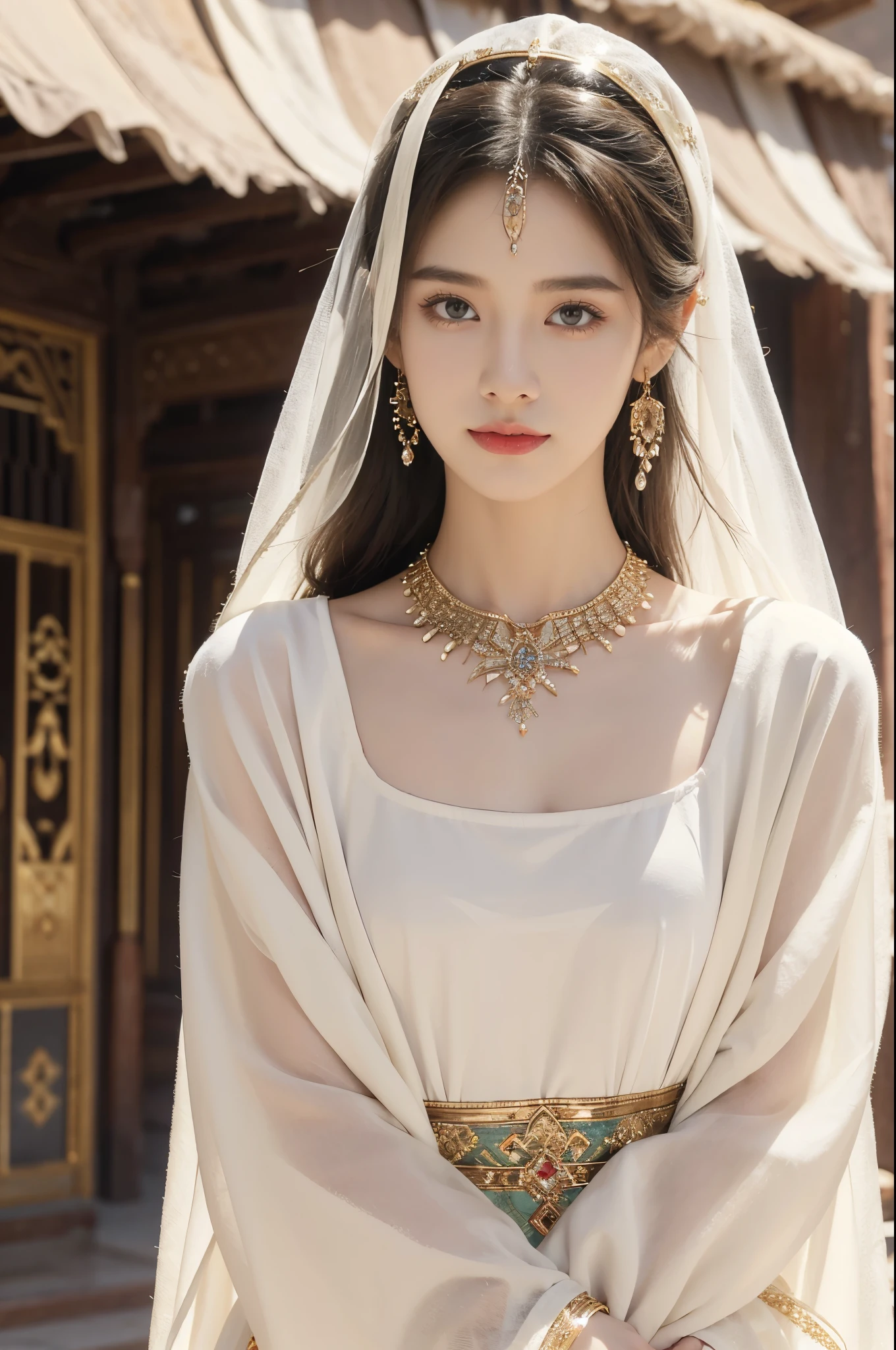 (((best quality))),(((ultra detailed))),(((masterpiece))),illustration,1girl, solo,princess, Arabic,slim,thin,flat chest,small breasts, ((palace, desert)), gold, gemstones,headscarf, veil on face,white sheer traditional clothing, hairband, deep eyes, elegant face, subtle smile,earrings,necklace, sunlight, shining, serene, environment,day scene,out door,standing,arms behind back,upper body,from front