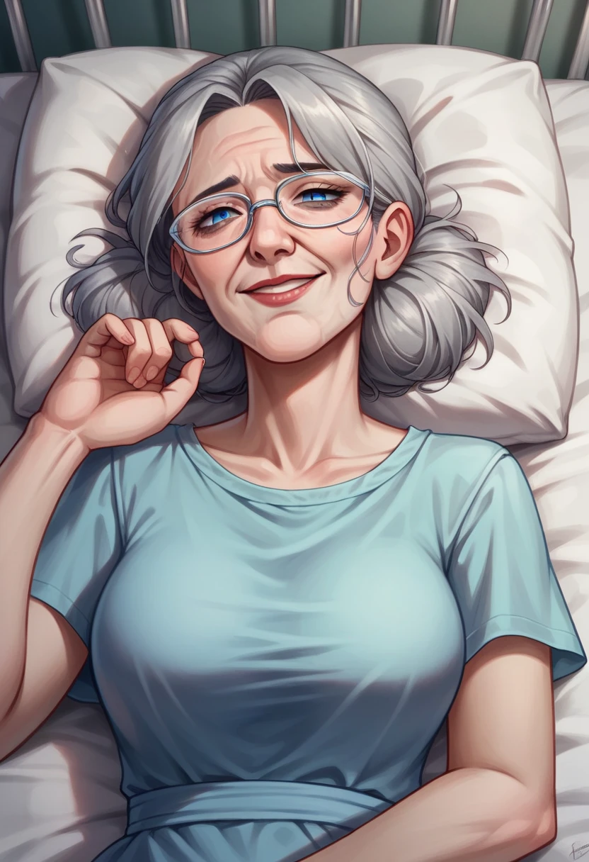 Illustration, detailed illustration, ultra-detailed, 68 year old woman, buzzed gray hair, blue eyes, glasses, wrinkles, laying in hospital bed, dying, sick, sad smile, hospital gown