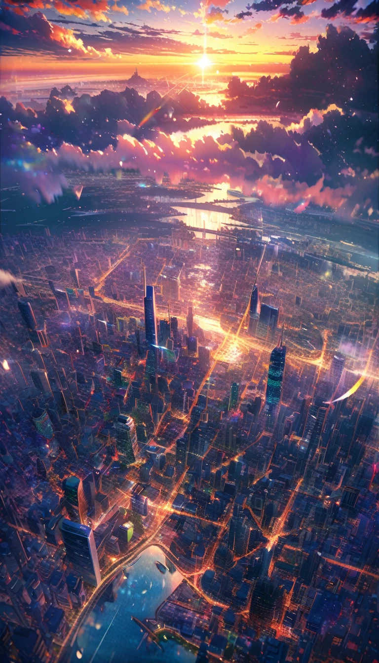 scenery, ultra detailed, super delicate, sunrise, bright, after rain, horizon, in the sky, city, skyscraper , lens flare, colorful, High resolution, 8K