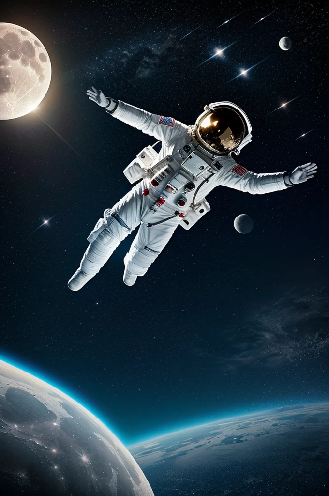 Anime of an astronaut wanting to touch the moon with his hands, flying full body, simple drawing