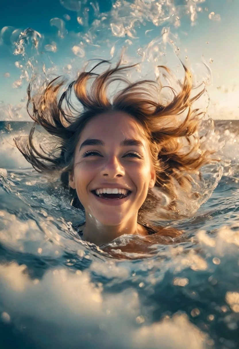 a face that slowly evaporates and disappears in the air blown by the wind in a cinematic scene, smile, photoillusion, magical illusion, digitally manipulated photo art, 8k