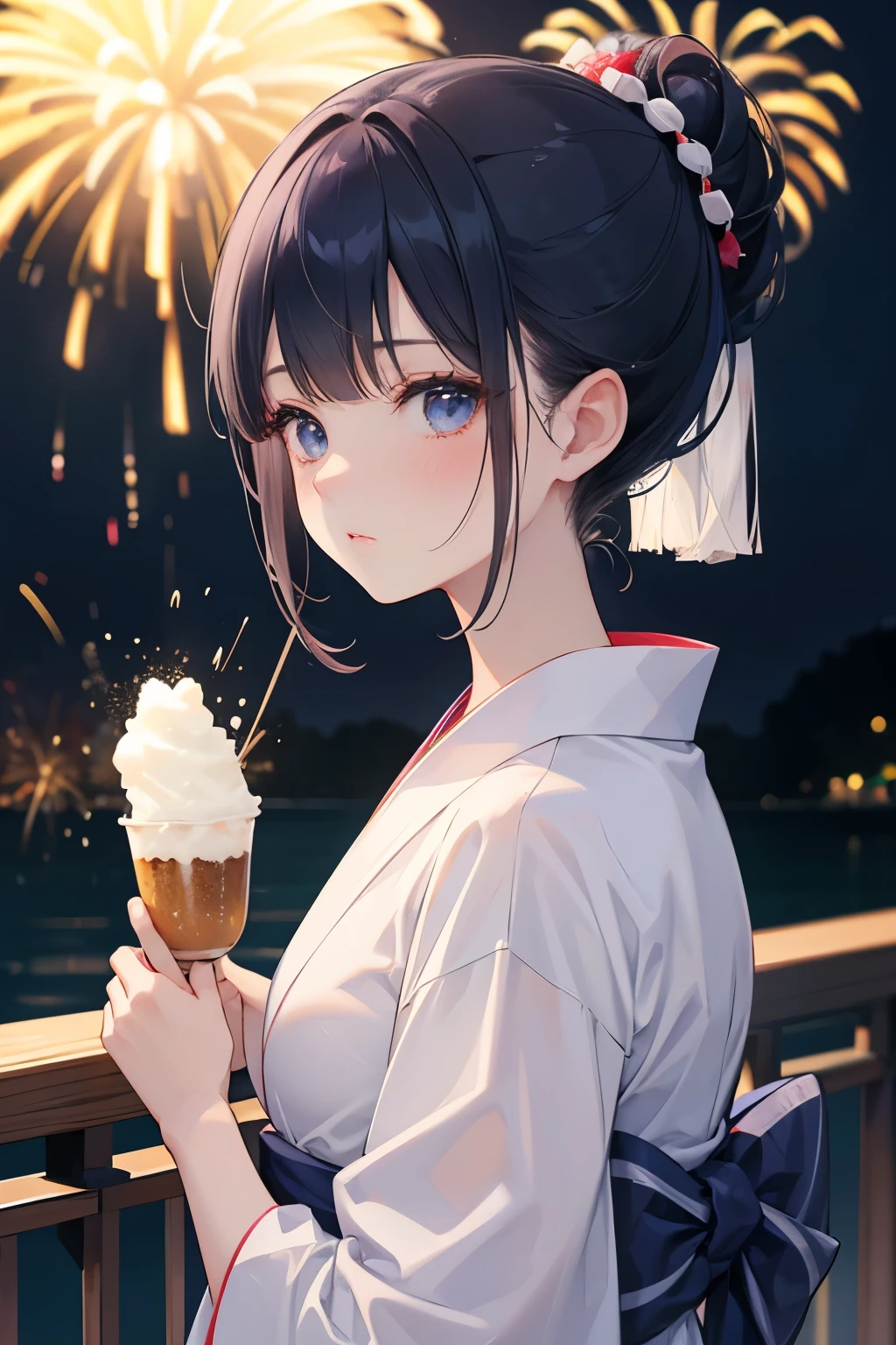 woman、Hair tied up、Straight Bangs、High resolution、Summer festival、Navy blue yukata、shaved ice、firework