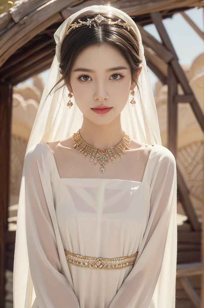 (((best quality))),(((ultra detailed))),(((masterpiece))),illustration,1girl, solo,princess, Arabic,slim,thin,flat chest,small breasts, ((palace, desert)), gold, gemstones,headscarf, veil on face,white sheer traditional clothing, hairband, deep eyes, elegant face, subtle smile,earrings,necklace, sunlight, shining, serene, environment,day scene,outdoor,standing,arms behind back,upper body,from front