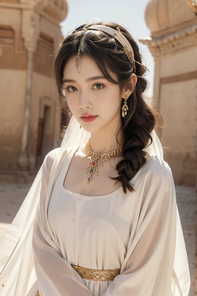 (((best quality))),(((ultra detailed))),(((masterpiece))),illustration,1girl, solo,princess, Arabic,slim,thin,flat chest,small breasts, ((palace, desert)), gold, gemstones,headscarf, veil on face,white sheer traditional clothing, hairband, deep eyes, elegant face, subtle smile,earrings,necklace, sunlight, shining, serene, environment,day scene,outdoor,standing,arms behind back,upper body,from front
