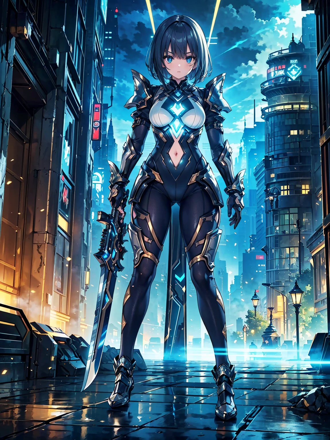 A young cyborg girl with technological armor and an energy sword striking a group of xenos in the distance, detailed cyborg face, strong physique, energetic pose, dynamic action, sci-fi adventure, vibrant colors, atmospheric lighting, realistic rendering, high-resolution masterpiece:1.2, ultra-detailed armor and sword, futuristic landscape, intense battle, powerful pulsating energy, mechanical enhancing implants, glowing eyes, intricate circuit designs, imposing mechanical structure, otherworldly creatures, ethereal energy effects, visually stunning, epic confrontation, dystopian setting, thrilling sci-fi concept art.